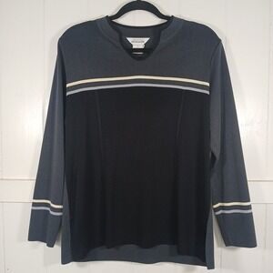 Exclusively Misook Striped Knit Top Women's Large Black Gray Shoulder Padded LS